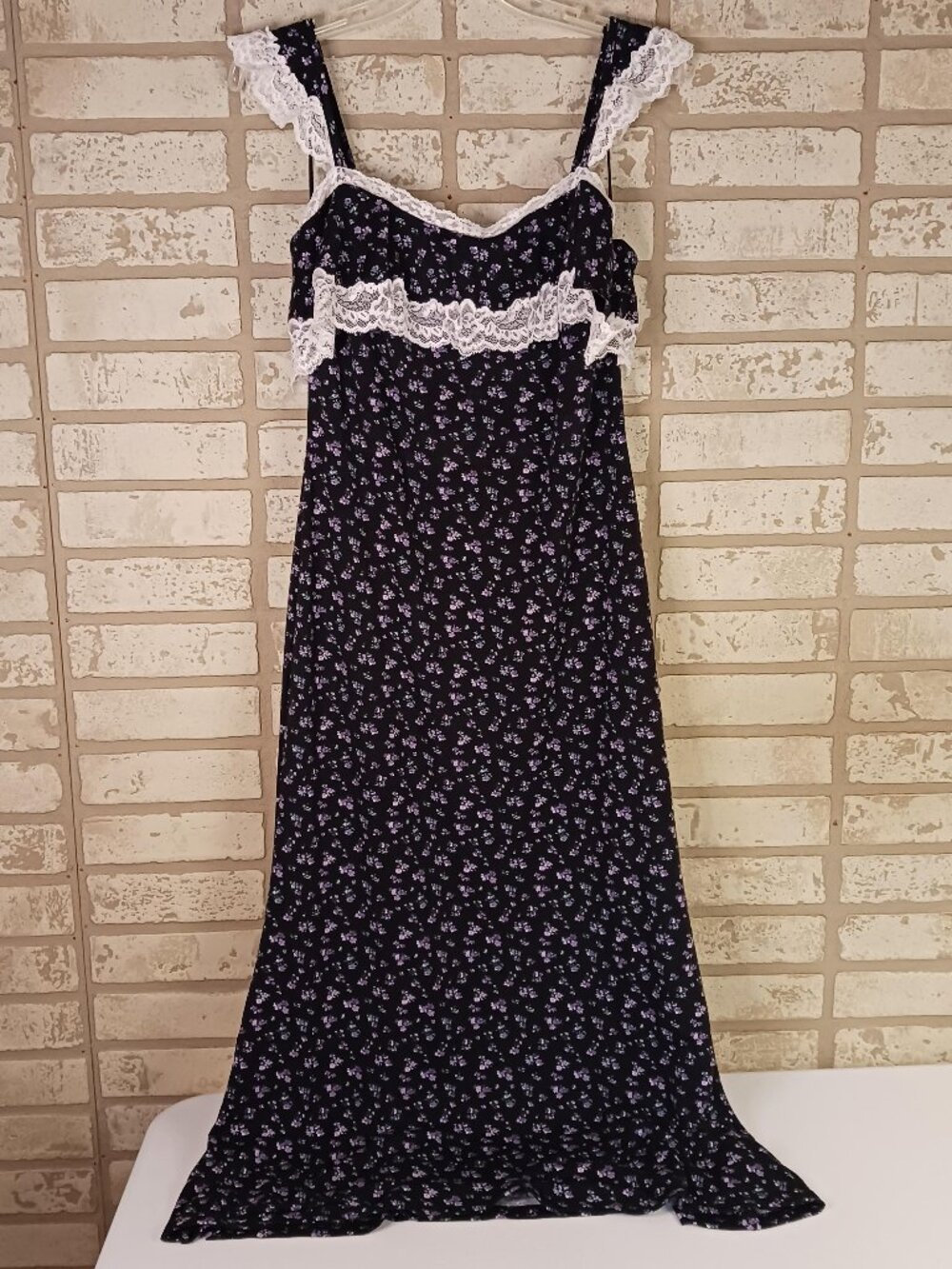 Cider Womens Large Maxi Dress Black Ditsy Floral Lace Panel Ruffled Sleeve